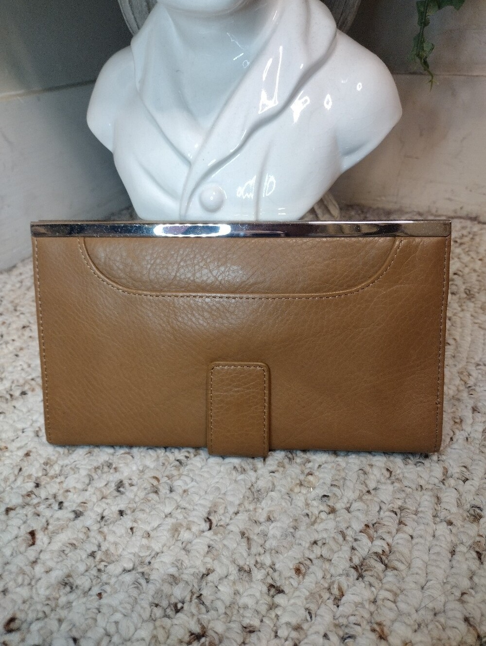Tan Leather Clutch Style Wallet With Leopard Fabric Lining